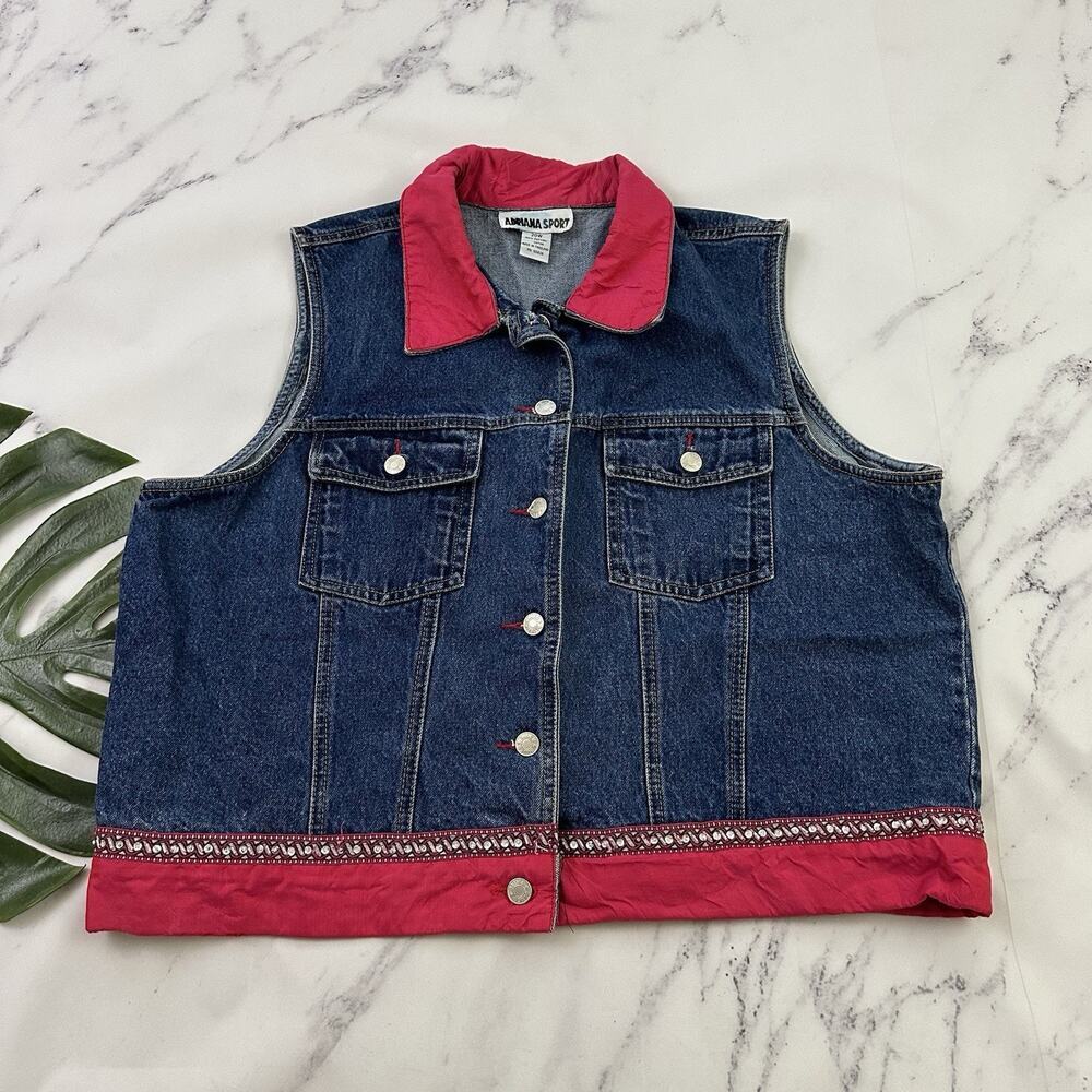Adriana Sport Womens Vintage Y2k Denim Vest Plus Size 20 W Blue Pink Beaded